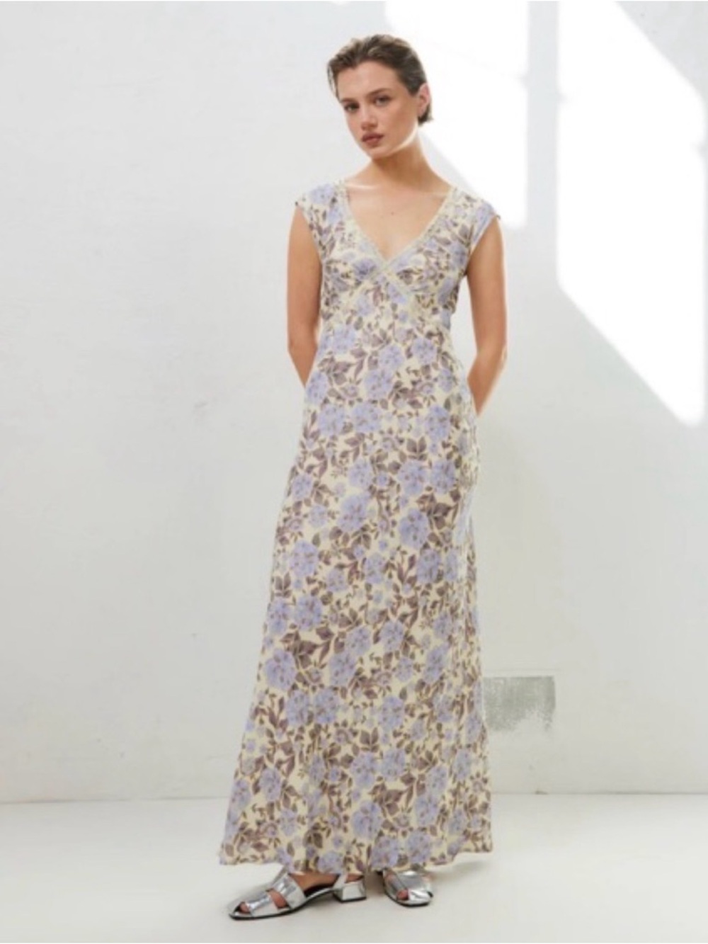 Floral Lace-Trim slip Maxi Dress in Lavender and Cream